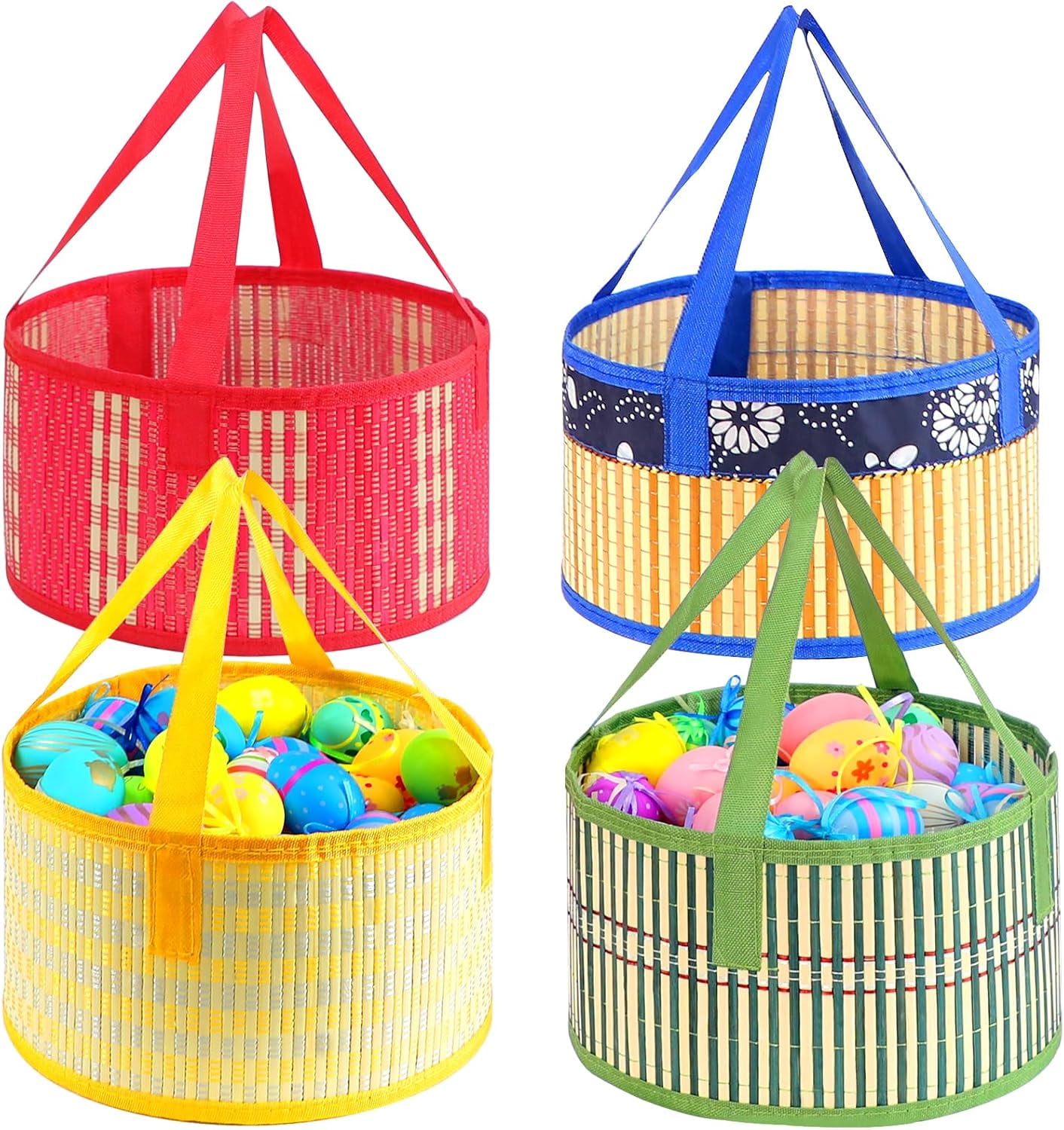 Foldable Easter Woven Bamboo Baskets Empty, 4 Pcs Easter Basket Bulk Set with Handle, Large Easter Baskets for Easter Egg Hunt Party Favor Picnic Supplies Gift Packing - Red Yellow Green Blue