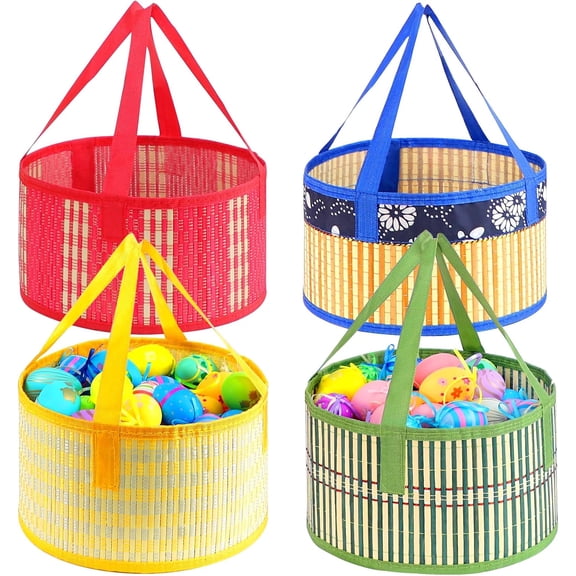 Foldable Easter Woven Bamboo Baskets Empty, 4 Pcs Easter Basket Bulk Set with Handle, Large Easter Baskets for Easter Egg Hunt Party Favor Picnic Supplies Gift Packing - Red Yellow Green Blue