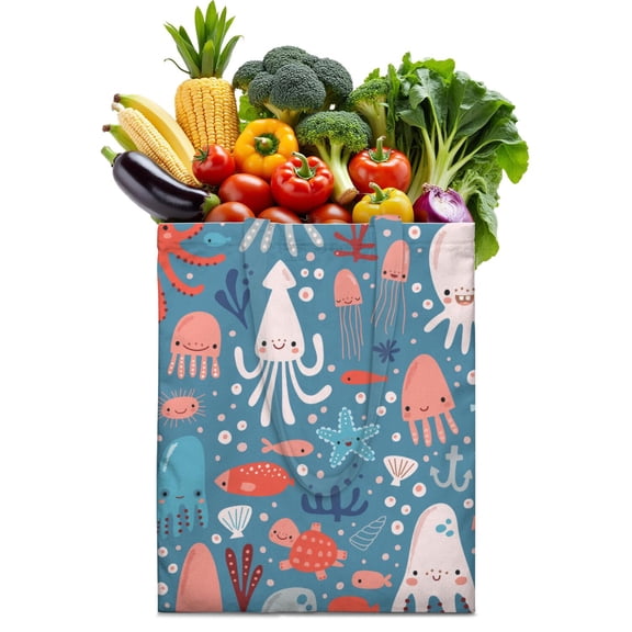 Foldable Eco-Friendly Shopping Tote Bag with Octopus Tentacles Design - Spacious 16x15 Machine Washable Fabric Bag for Groceries, Nautical Ocean Theme with Coral & Marine Life