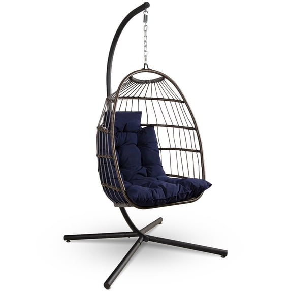 SereneLife Foldable Egg Chair with Stand – Hanging Rattan Wicker Swing for Indoor Outdoor Use – 350 lbs Capacity, Breathable Cushion & Headrest – Patio, Balcony, Porch, Bedroom Lounge Furniture