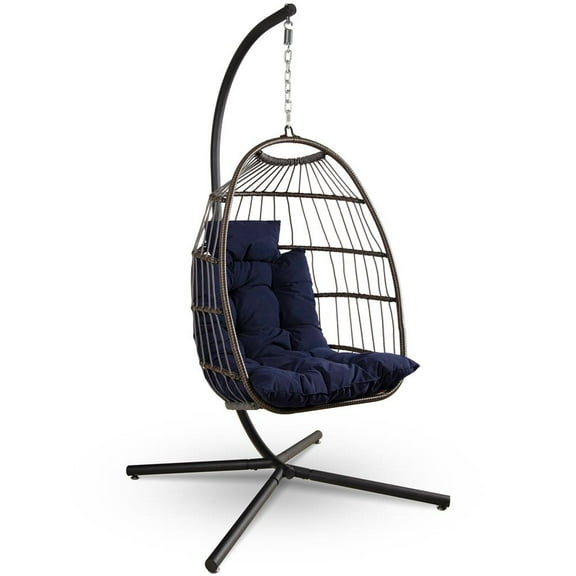 SereneLife Foldable Egg Chair with Stand Hanging Rattan Wicker Swing for Indoor Outdoor Use 350 lbs Capacity, Breathable Cushion & Headrest Patio, Balcony, Porch, Bedroom Lounge Furniture