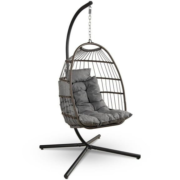 SereneLife Foldable Egg Chair with Stand Hanging Rattan Wicker Swing for Indoor Outdoor Use 350 lbs Capacity, Breathable Cushion & Headrest Patio, Balcony, Porch, Bedroom Lounge Furniture