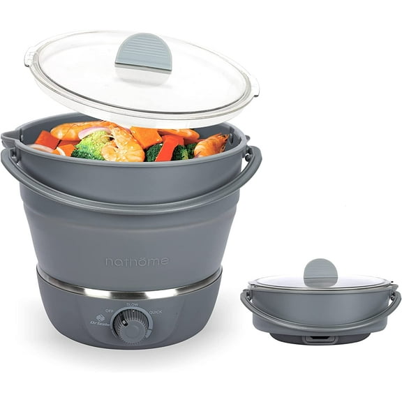 Foldable Electric Cooker Travel Hot Pot - Dual Voltage 100V-240V Hot Pot Cooking - Food Grade Silicone Cookerware Boiling Water Steamer - Camping Office Hotel Noodle Porridge Soup Drom