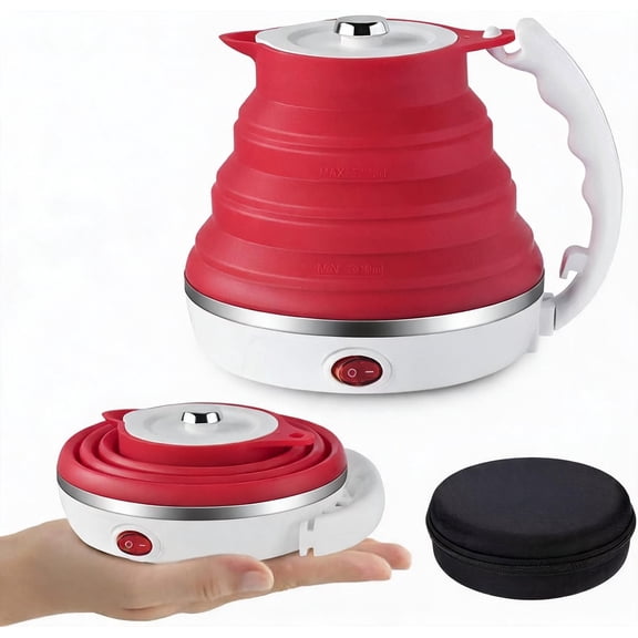 Foldable Electric Kettle with Dry-Boil Protection Dual Voltage 110-220V 555 mL Food-Grade Silicone and 304 Stainless Steel Red
