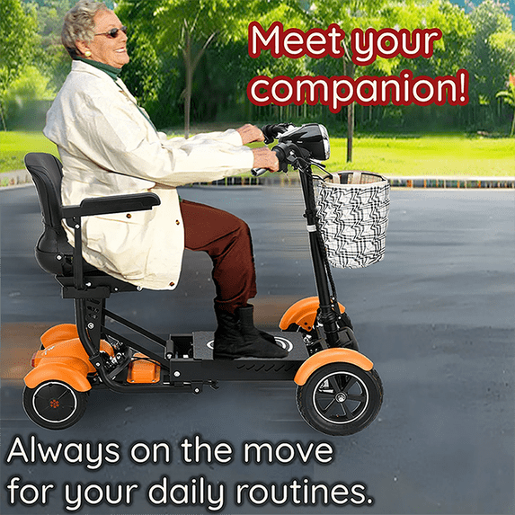 Foldable Electric Mobility Scooter, 4 - Wheel, Airline/Cruise Compatible, 3.2 sq. ft. Folded, 16” Seat, Adjustable Direction Bar, 500W Motor, Colors: Black, Yellow, Blue
