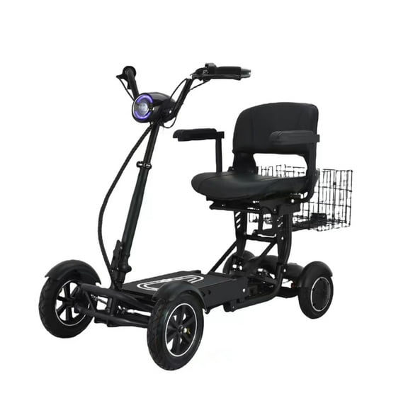 Foldable Electric Mobility Scooter, 4 - Wheel, Airline/Cruise Compatible, 3.2 sq. ft. Folded, 16” Seat, Adjustable Direction Bar, 500W Motor, Colors: Black, Yellow, Blue