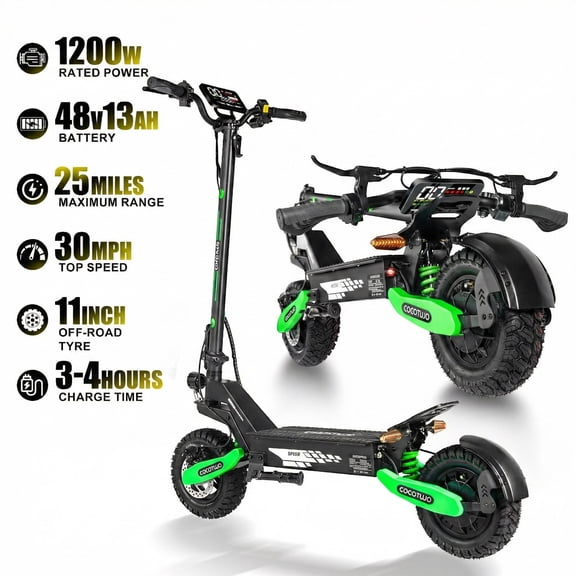 EOEOTWO Adult Electric Scooter, 1200W Motor, Up to 30 MPH & 25 Mile Range, 11" Off-Road Tires, Foldable Commuter E-Scooter with Dual Suspension, 330lbs Max Load