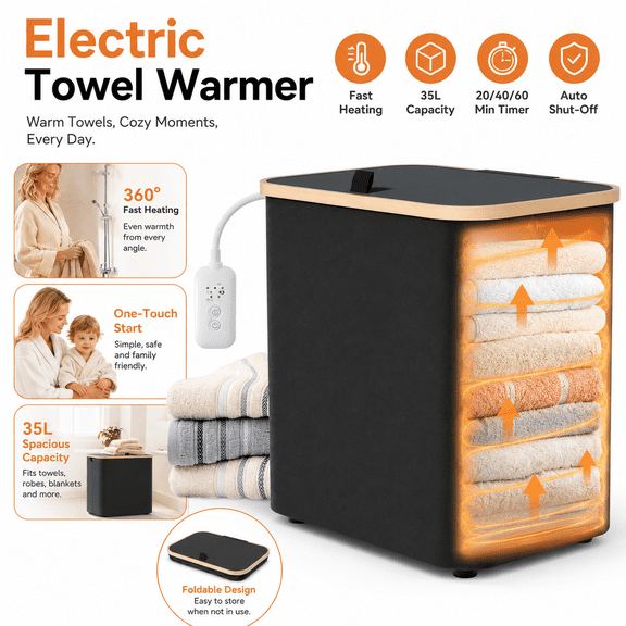 Foldable Electric Towel Warmer with Timer Control, Fast Heating Bucket, Auto Shut-Off for Bathroom Spa Use