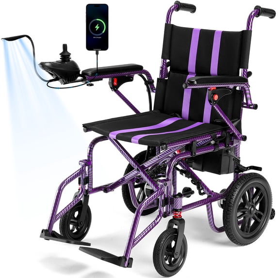 Foldable Electric Wheelchair,20+ Miles Long-Range(286LBS)Lightweight Portable Electric Wheelchair for Adults,Smart Motorized Mobility Scooter with 360°Joystick,Warranty,Purple