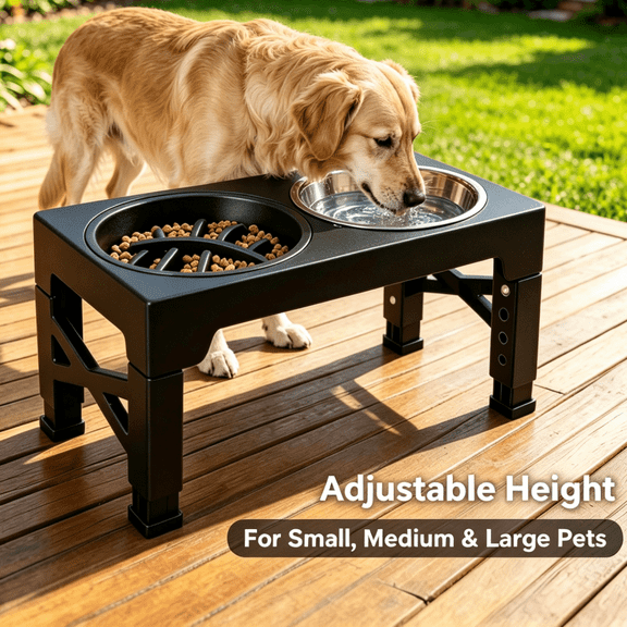 Foldable Elevated 5 Adjustable Heights Raised Dog Bowl Stand Set with 2 Stainless Steel Bowls & 1 Slow Feeder Bowl, Non-Slip Portable Pet Dish Station Easy to Clean for Small Medium Large Dogs Cats