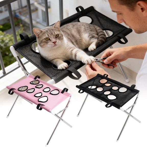 Foldable Elevated Cat Grooming Bed Breathable Mesh Surface Detachable Scratch Resistant Metal Frame Cat Care Bed for Small Cats(Black-60cm)