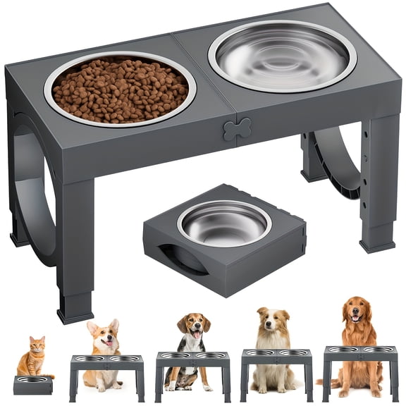 Foldable Elevated Dog Bowls 5-Height Adjustable Raised Feeder Stand with 2 Stainless Steel Bowls Non-Slip Easy Clean for Small Medium Large Dogs Cats