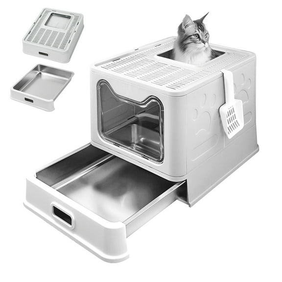 Foldable Enclosed Stainless Steel Cat Litter Box with Lid,Top Entry Litter Box with Scoop,Extra Large Drawer Structure Litter Box,Closed Smell Proof Anti-Splashing, Easy Cleaning