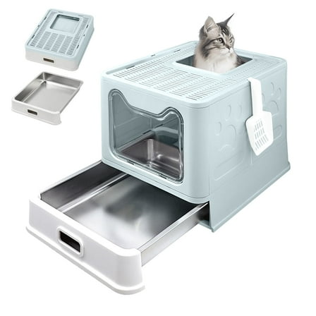Foldable Enclosed Stainless Steel Cat Litter Box with Lid,Top Entry Litter Box with Scoop,Extra Large Drawer Structure Litter Box,Closed Smell Proof Anti-Splashing, Easy Cleaning, Blue