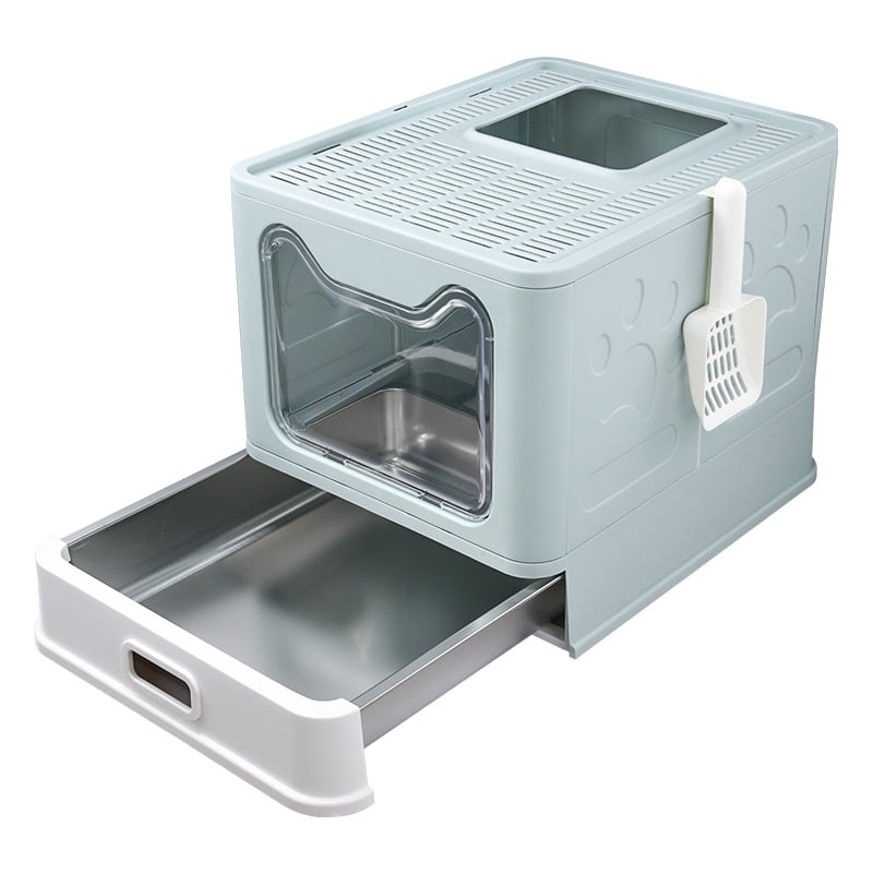 Foldable Enclosed Stainless Steel Cat Litter Box with Lid,Top Entry