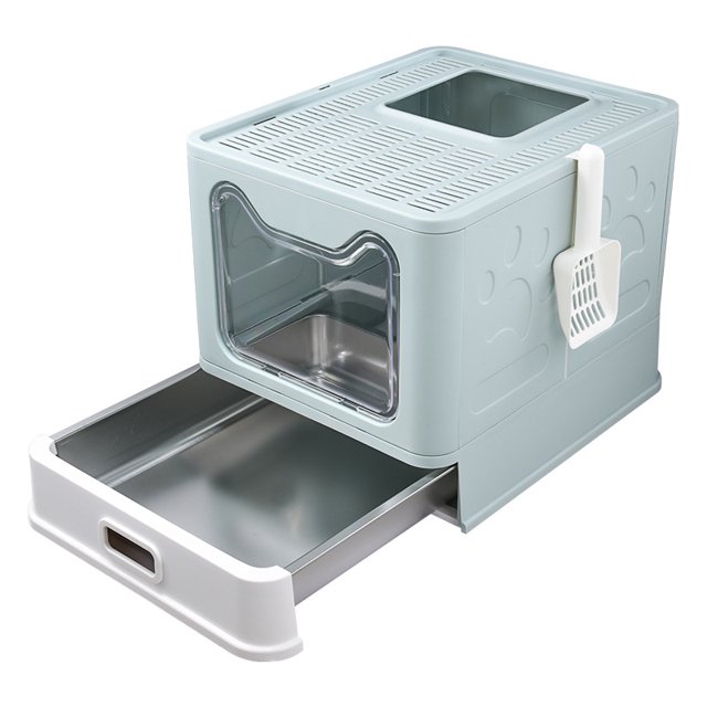 Foldable Enclosed Stainless Steel Cat Litter Box with Lid,Top Entry