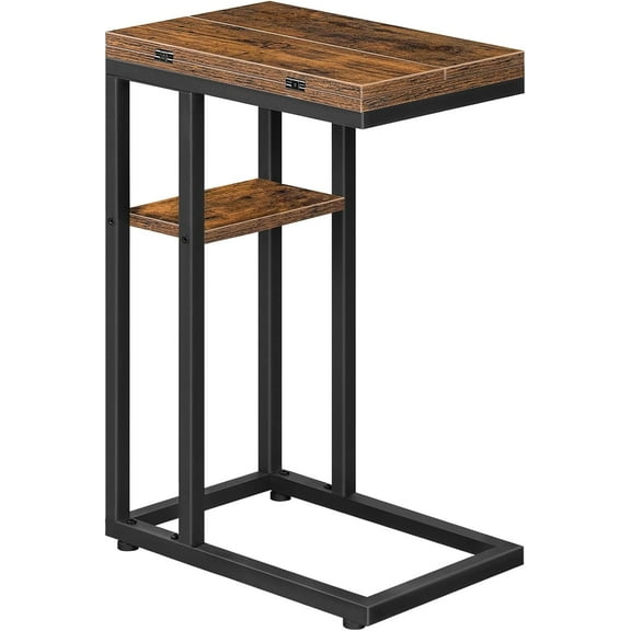 Foldable End Table, C Shaped Side Table with Storage Shelf, Small Snack Table Suitable for Living Room Bedroom Small Spaces, Easy Assembly, Rustic Brown