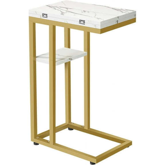 Foldable End Table, Gold C Shaped Side Table with Storage Shelf, Small Snack Table Suitable for Living Room Bedroom Small Spaces, Easy Assembly, Gold and Marble