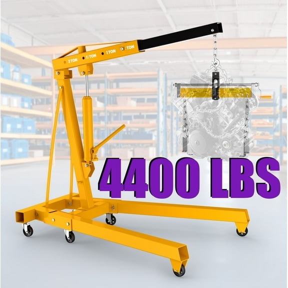 Foldable Engine Hoist, 4400 LBS Capacity, Yellow Folding crane with 6 Casters, Heavy Duty Shop Crane, Heavy Duty Hydraulic Shop Crane, for Car/Truck Engines