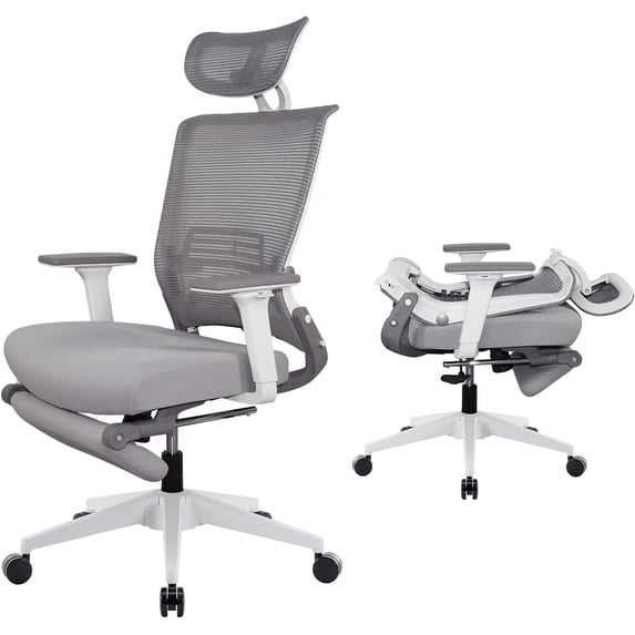 Foldable Ergonomic Office Chair with Footrest, High Back Computer Chair with 2D Headrest, Mesh Back, Sponge Seat, Adjustable Lumbar Support, 2D Armrest, Home Office Desk Chair, Grey