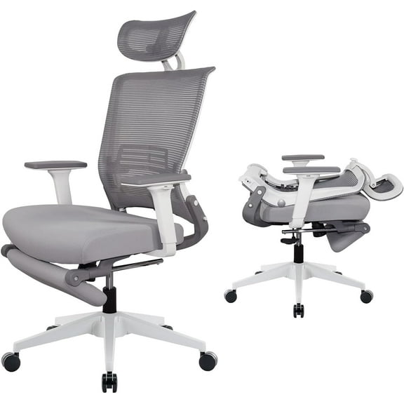 Foldable Ergonomic Office Chair, High Back Desk Chair with Footrest, Mesh Back Computer Chair with Fixed Headrest, 2D Armrest, Adjustable Lumbar Support, Soft Sponge Seat, Swivel Task Chair, Green