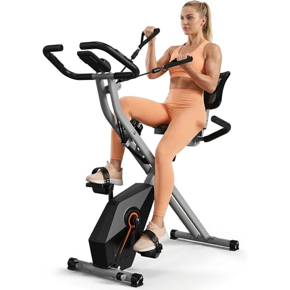 Foldable Exercise Bike - 10dB Quiet Stationary Bike for Home with Ergonomic Backrest, 300LB Capacity, Arm Resistance Bands, and Heart Rate Monitor for Small Apartment Cardio