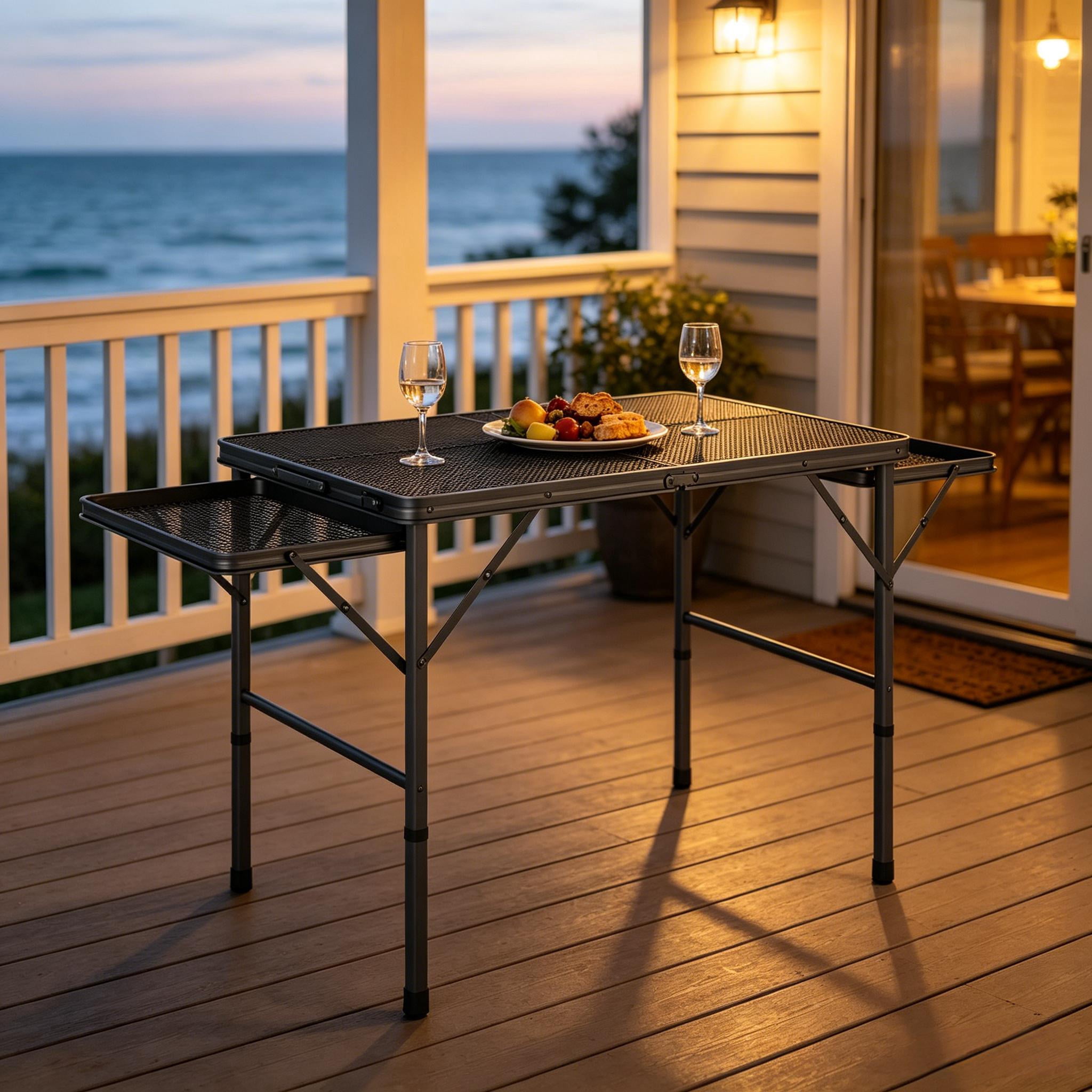 Foldable Expandable Outdoor Table, Adjustable Height Metal Camping Table with Side Wings, Waterproof Rust-Resistant Portable Picnic Standing Table for Patio BBQ Beach