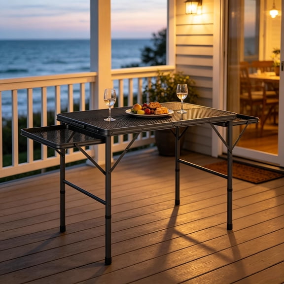 Foldable Expandable Outdoor Table, Adjustable Height Metal Camping Table with Side Wings, Waterproof Rust-Resistant Portable Picnic Standing Table for Patio BBQ Beach