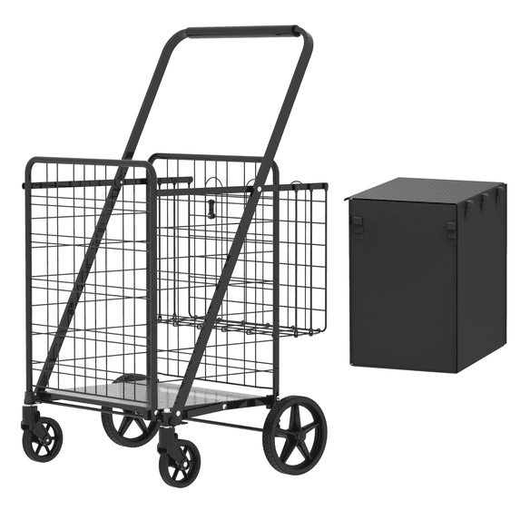 Extra Large Shopping Cart with Double Basket, Foldable Utility Grocery Cart Featuring 360° Swivel Wheels, Ideal for Groceries, Laundry and Daily Use