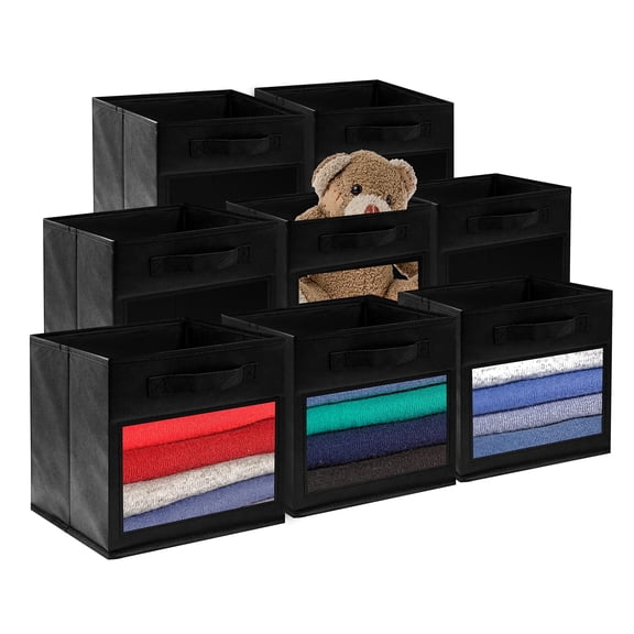 Foldable Fabric Cube Storage Bins with Clear Window, Closet & Shelf Organizer Baskets for Nursery & Kids Room, 8 Pack, Black