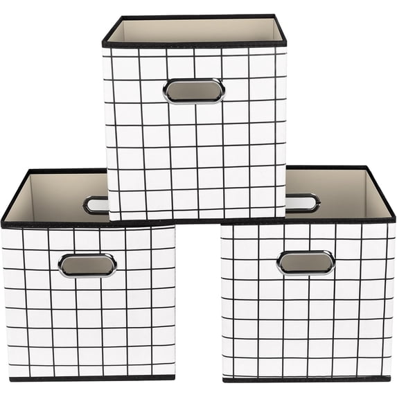 Witite Pattern Foldable Fabric Cube Storage Bins with Handles, Set of 3 White 11x11x11 ...