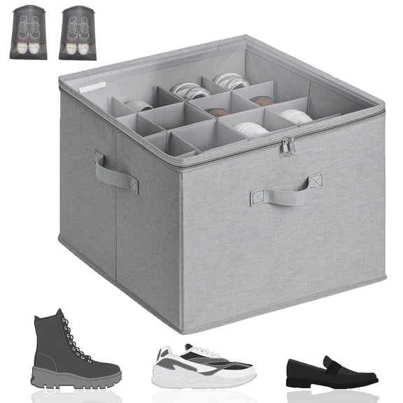 Shoe Storage Box with Clear Cover - Fabric Organizer with Customizable Dividers for 16 Pairs of Shoes - Foldable & Portable for Closet, Underbed, or Travel (Boots/Heels/Sneakers)
