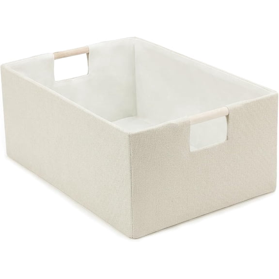 Foldable Fabric Storage Basket for Shelves, Linen Decorative Storage Bin with Wooden Handles, Small Organizer Cube for Closet, Rectangle Canvas Box for Organizing, Decor, 15x10.6x6 Inches (Beige)