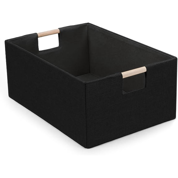 Foldable Fabric Storage Basket for Shelves, Linen Decorative Storage Bin with Wooden Handles, Small Organizer Cube for Closet, Rectangle Canvas Box for Organizing, Decor, 15x10.6x6 Inches (Blcak)