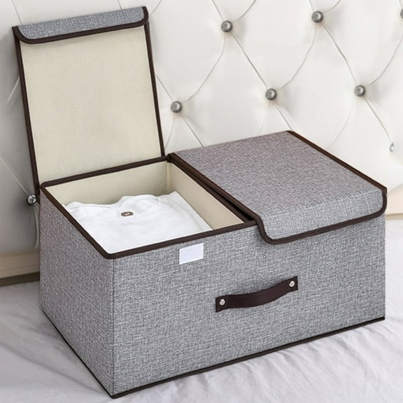 Foldable Fabric Storage Bin with Double Lids and Removable Divider – Reinforced Handle Linen Organizer Box for Clothes, Toys, Under Bed, Closet and Office Storage