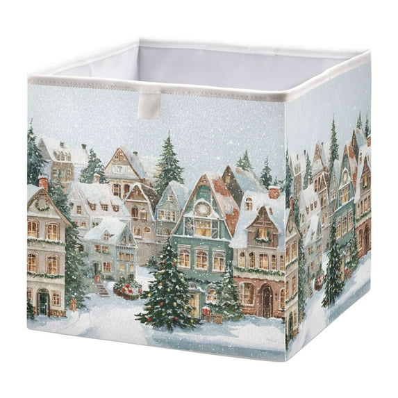 Foldable Fabric Storage Bin Home Cubes Clothing Organizer Bins Large Collapsible Box Basket for Home Organizer Cozy Winter Town with Snow