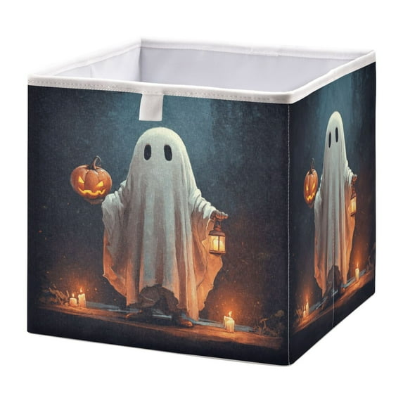Foldable Fabric Storage Bin Home Cubes Clothing Organizer Bins Large Collapsible Box Basket for Home Organizer Cute Ghost with Pumpkin in Hand