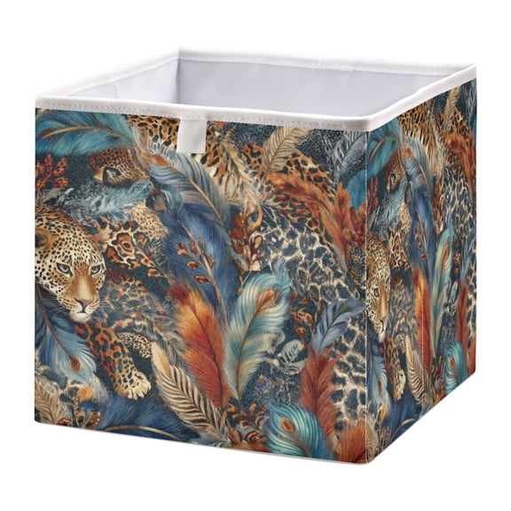 Foldable Fabric Storage Bin Home Cubes Clothing Organizer Bins Large Collapsible Box Basket for Home Organizer Feathers and Leopard Print