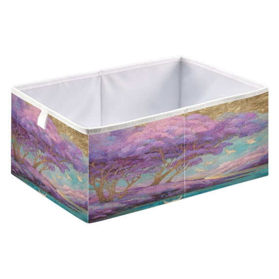 Foldable Fabric Storage Bin Home Cubes Clothing Organizer Bins Large Collapsible Box Basket for Home Organizer Purple Trees