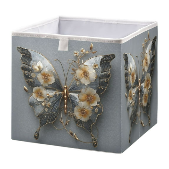 Foldable Fabric Storage Bin Home Cubes Clothing Organizer Bins Large Collapsible Box Basket for Home Organizer Silver and Black Butterfly