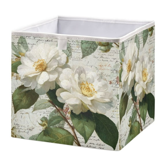 Foldable Fabric Storage Bin Home Cubes Clothing Organizer Bins Large Collapsible Box Basket for Home Organizer Vintage White Camellias