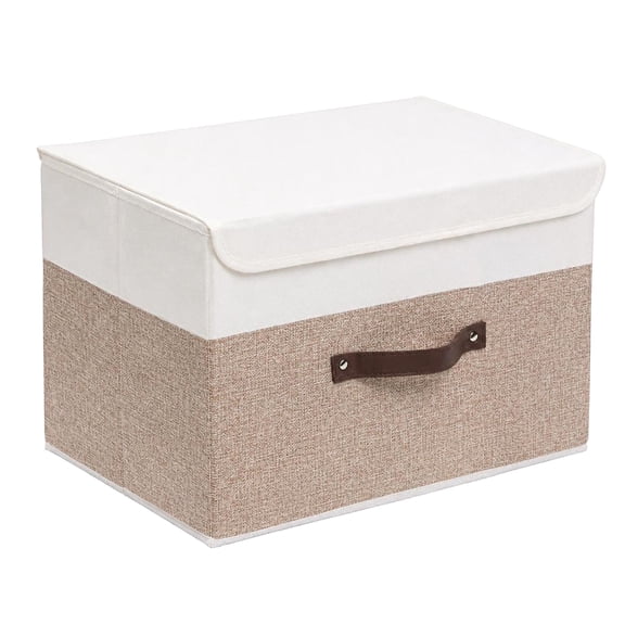 Foldable Fabric Storage Bin with Lid, Collapsible Closet Organizer Box with Handle, Linen Storage Container for Clothes, Toys, Shelf Organization,Beige
