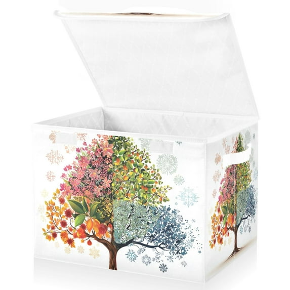 Foldable Fabric Storage Bin With Handle Collapsible Basket Box Storage With Lid Organizer 4 Seasons Tree