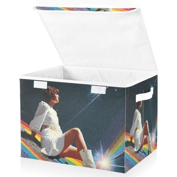 Foldable Fabric Storage Bin With Handle Collapsible Basket Box Storage With Lid Organizer 80s Vintage Collage Art Magazine Style