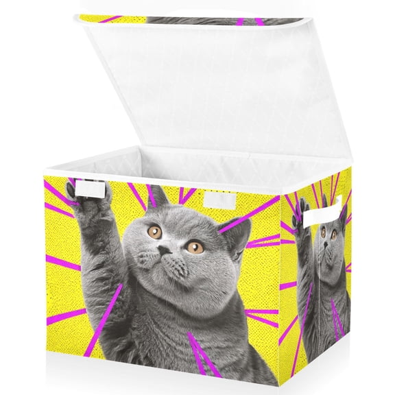 Foldable Fabric Storage Bin With Handle Collapsible Basket Box Storage With Lid Organizer A Gray British Shorthair Cat