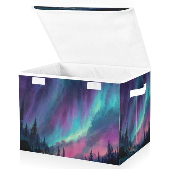 Foldable Fabric Storage Bin With Handle Collapsible Basket Box Storage With Lid Organizer Aurora