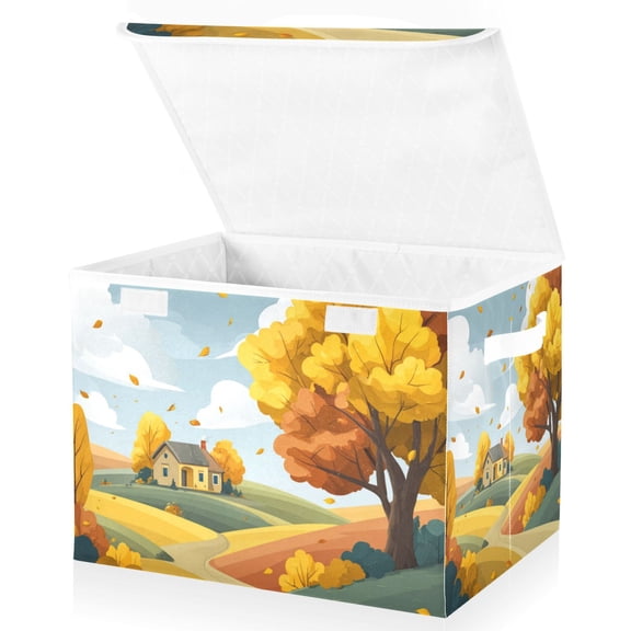 Foldable Fabric Storage Bin With Handle Collapsible Basket Box Storage With Lid Organizer Autumn Countryside