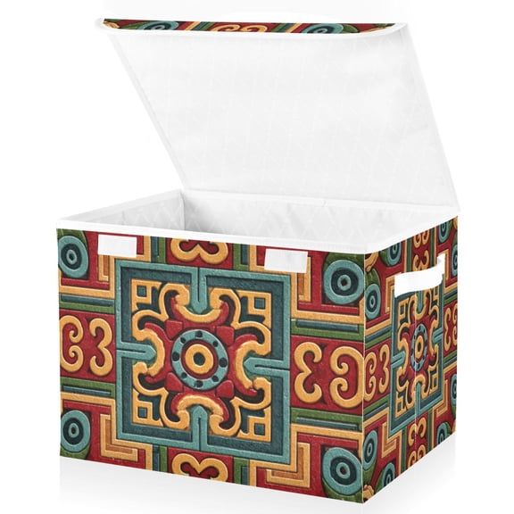 Foldable Fabric Storage Bin With Handle Collapsible Basket Box Storage With Lid Organizer Aztec-style