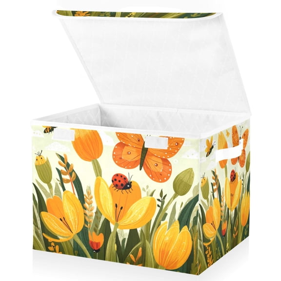 Foldable Fabric Storage Bin With Handle Collapsible Basket Box Storage With Lid Organizer Bees Insects Butterfly Tulip