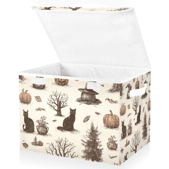 Foldable Fabric Storage Bin With Handle Collapsible Basket Box Storage With Lid Organizer Black Cats Pumkins